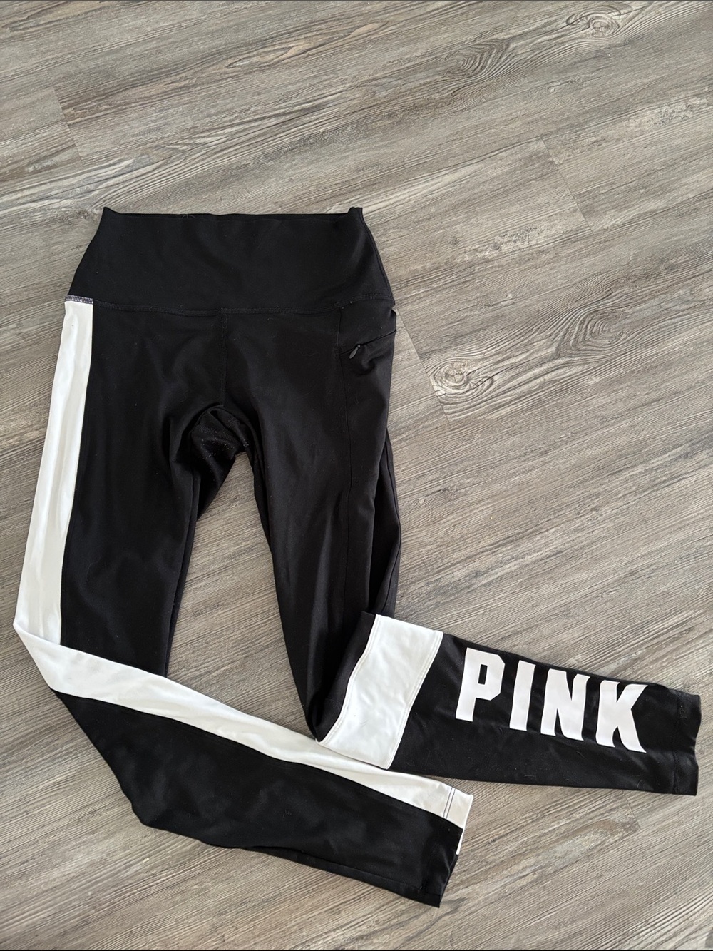 PINK Victoria's Secret Black Leggings with White Side Panels and Logo